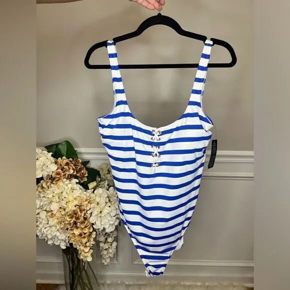 NWT Lauren Ralph Lauren Striped Lace-Up One-Piece - Picture 4 of 7